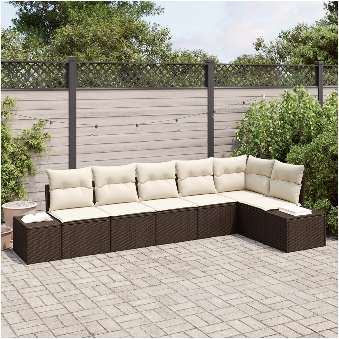 6-delars trädgårdsoffset med kuddar i brun polyester och rattan vidaXL 319 x 154 x 85 cm