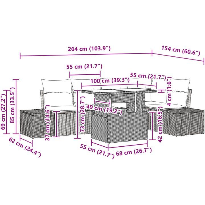 6-delars trädgårdsoffset med kuddar i brunt poly-konstrotting vidaXL 100 x 55 x 73 cm – bild 11