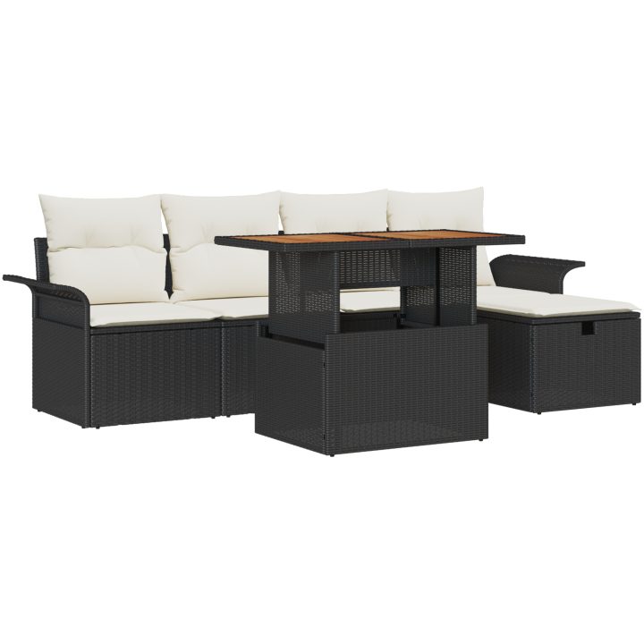 6-delars trädgårdsoffset med kuddar i svart poly-rattan vidaXL Medium – bild 2