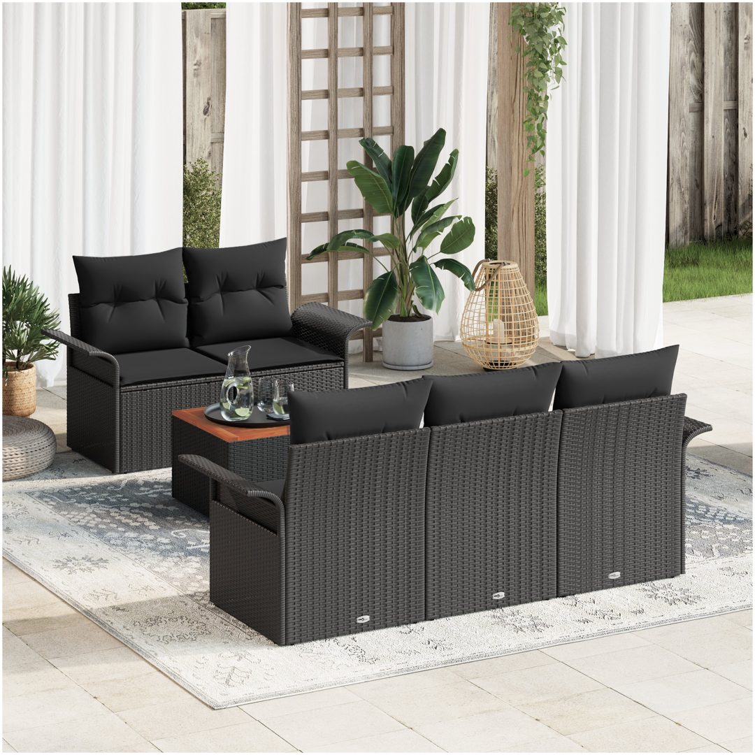 6-delars trädgårdsoffset med kuddar svart poly rattan akacia vidaXL 55 x 55 x 37 cm