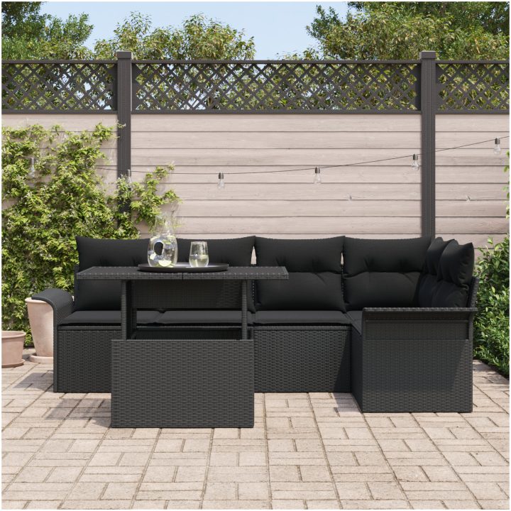 6-delars trädgårdsoffset med kuddar - svart poly rattan vidaXL 100 x 55 x 73 cm – bild 3