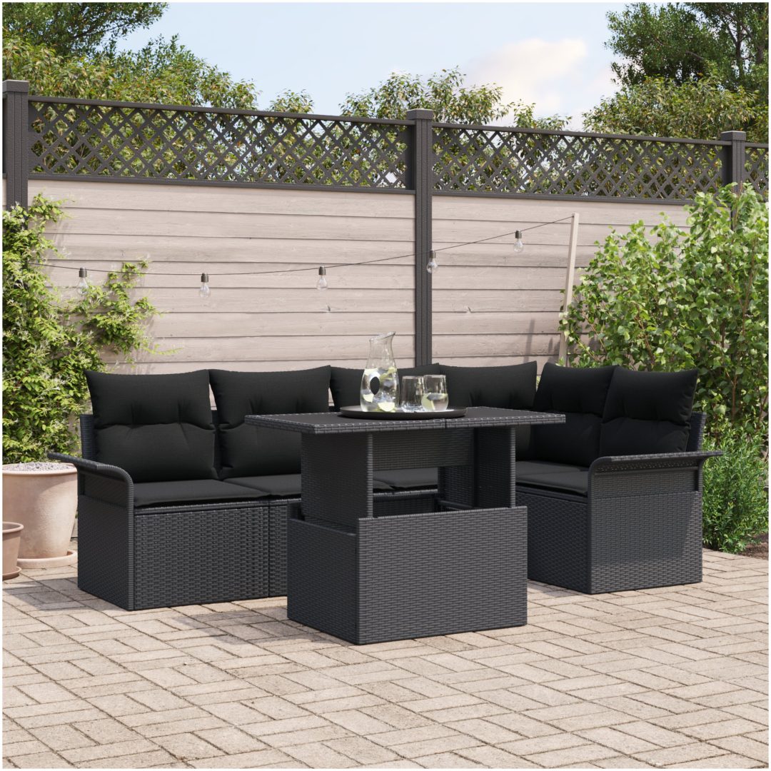 6-delars trädgårdsoffset med kuddar - svart poly rattan vidaXL 100 x 55 x 73 cm