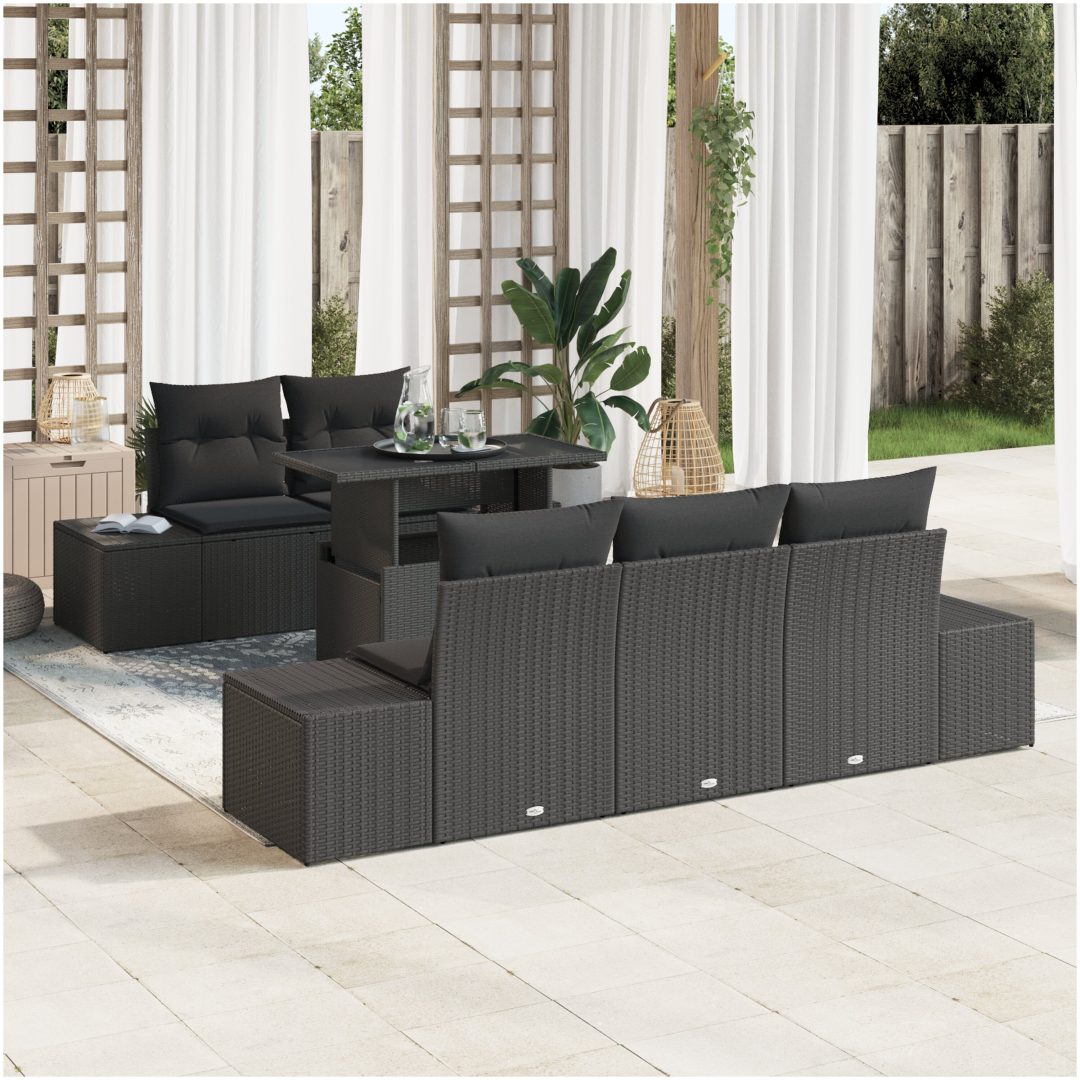 6-delars Trädgårdsoffset med kuddar, svart poly rattan vidaXL 100 x 55 x 73 cm