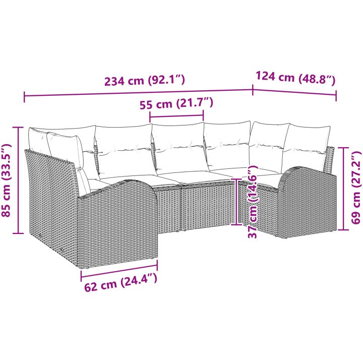 6-delars trädgårdsoffuppsättning med kuddar grå poly rattan vidaXL 234 x 124 x 85 cm – bild 11