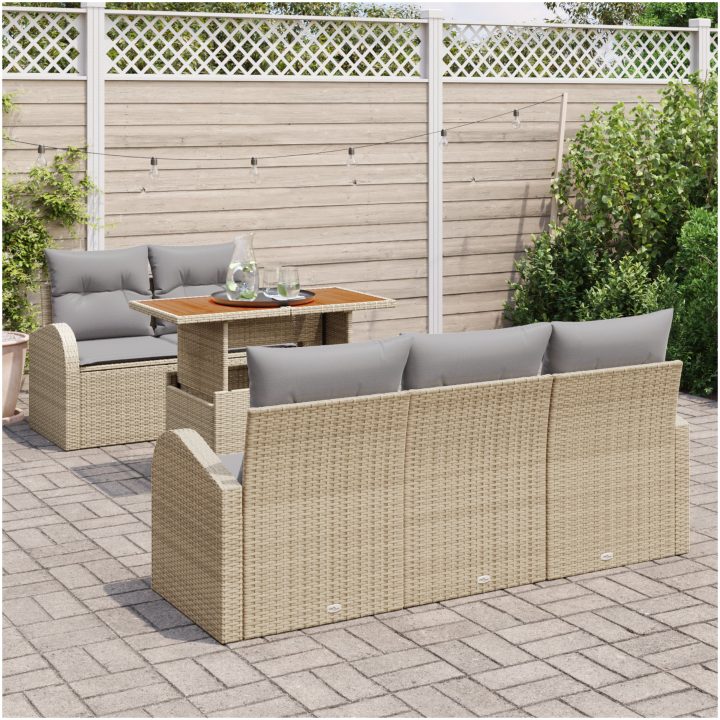 6-delars trädgårdsset med kuddar beige poly rotting akacia vidaXL 100 x 55 x 73 cm – bild 3