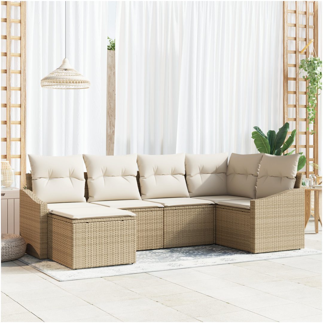 6-delars trädgårdsset med kuddar i beige poly-rattan vidaXL 233.5 x 123.5 x 85 cm