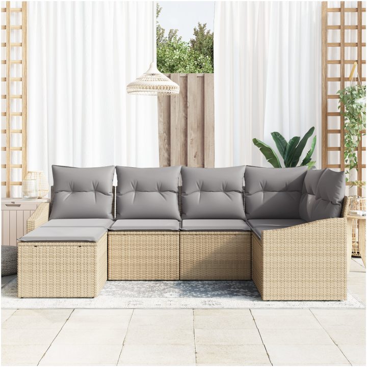 6-delars trädgårdsset med kuddar i beige polyrotting vidaXL 233.5 x 123.5 x 85 cm – bild 3