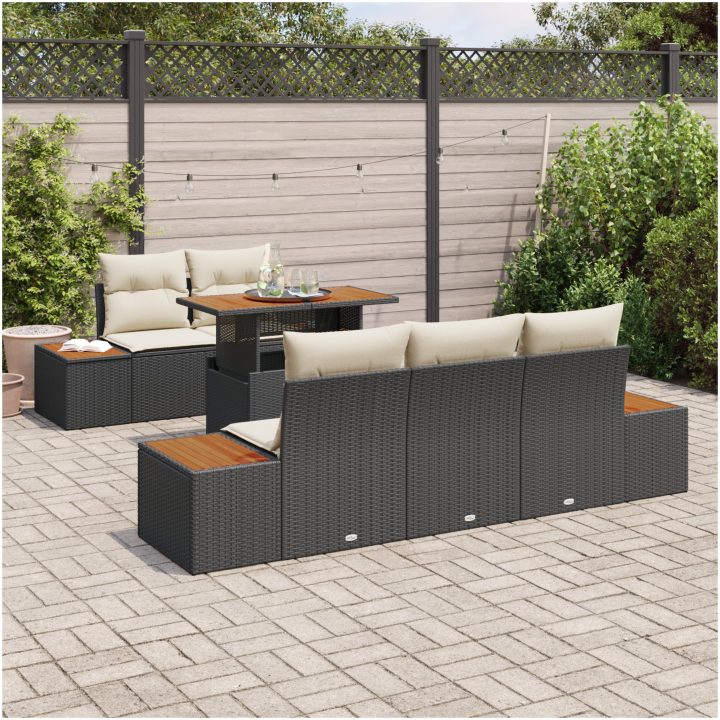 6-delars trädgårdsset med kuddar, svart poly-rattan och akacia vidaXL 100 x 55 x 73 cm – bild 3