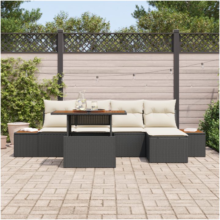 6-delars trädgårdsset med kuddar - svart poly rattan och akaciaträ vidaXL 100 x 55 x 73 cm – bild 3