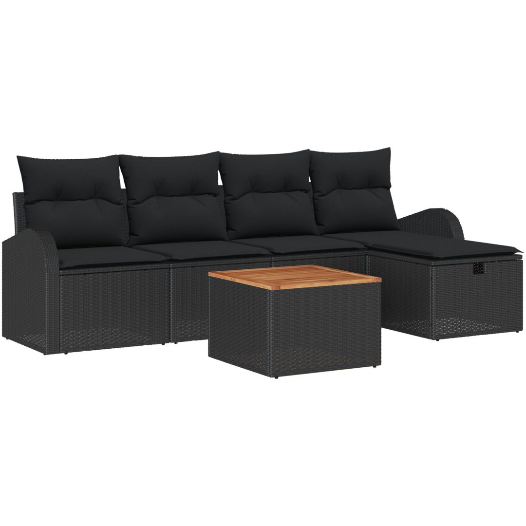 6 Delars Trädgårdssofa Set med Dynor Svart Poly Rattan vidaXL 55 x 55 x 37 cm – bild 2