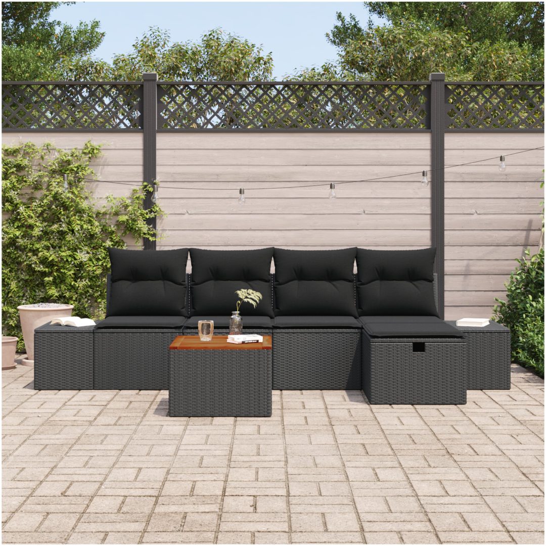 6-delars Trädgårdssofa Set med Kuddar Svart Poly Rattan vidaXL 55 x 55 x 37 cm – bild 3