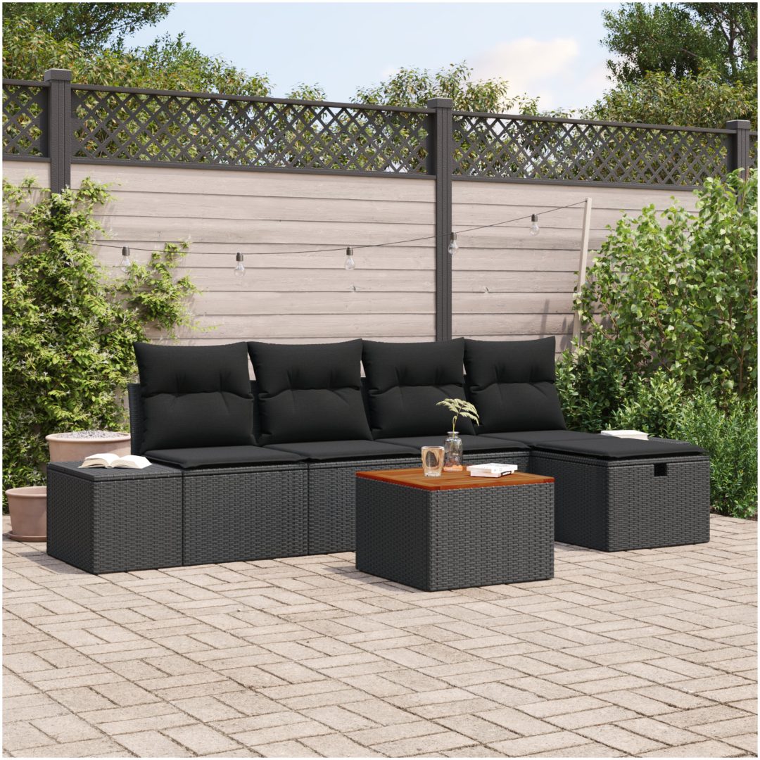 6-delars Trädgårdssofa Set med Kuddar Svart Poly Rattan vidaXL 55 x 55 x 37 cm