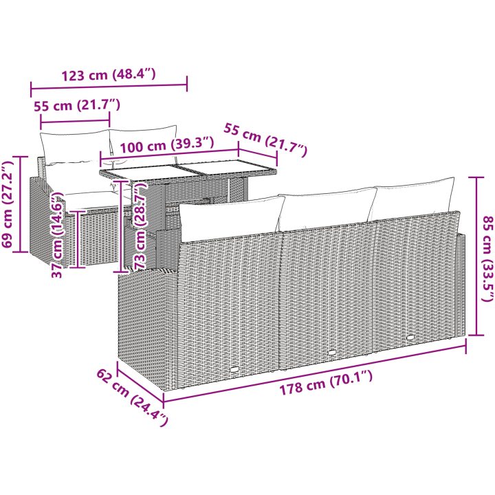 6 Delars Trädgårdssoffa med Kuddar Svart Poly Rattan vidaXL 100 x 55 x 73 cm – bild 10