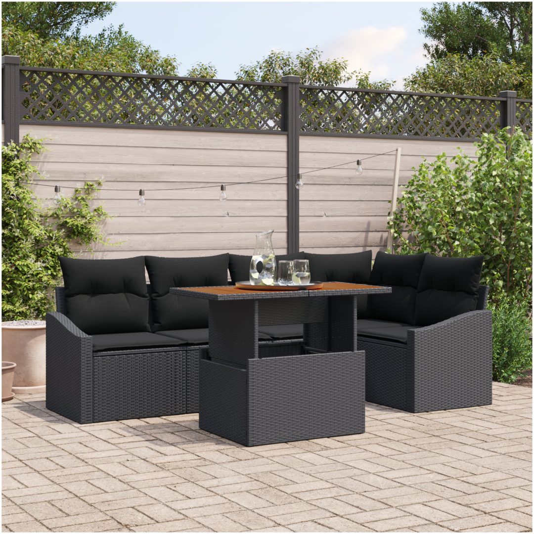 6-delars trädgårdssoffa med kuddar, svart poly rattan vidaXL 100 x 55 x 73 cm