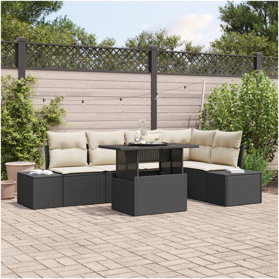 6-delars Trädgårdssoffa med Kuddar Svart Poly Rattan vidaXL 100 x 55 x 73 cm
