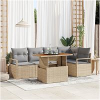 6-delars Trädgårdssoffa Set med kuddar Beige Poly Rattan Akacia vidaXL