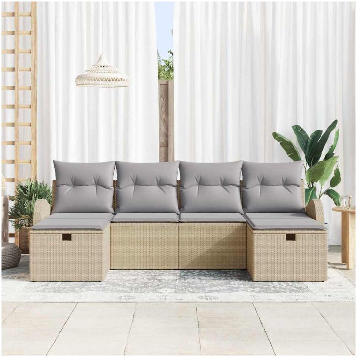 6-delars Trädgårdssoffa Set med Kuddar Beige Poly Rattan vidaXL 234 x 117 x 85 cm – bild 3