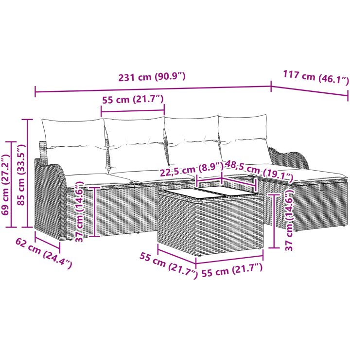 6 Delars Trädgårdssoffa Set med Kuddar Beige Poly Rattan vidaXL Stor – bild 10