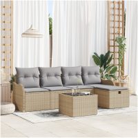 6 Delars Trädgårdssoffa Set med Kuddar Beige Poly Rattan vidaXL