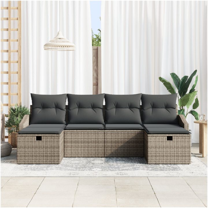 6-delars trädgårdssoffa set med kuddar i grå poly rattan vidaXL 55 x 62 x 69 cm – bild 3