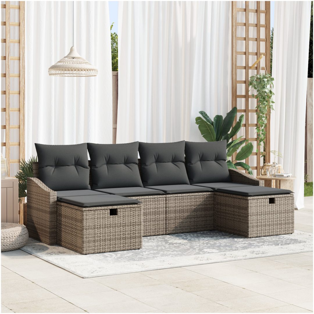 6-delars trädgårdssoffa set med kuddar i grå poly rattan vidaXL 55 x 62 x 69 cm