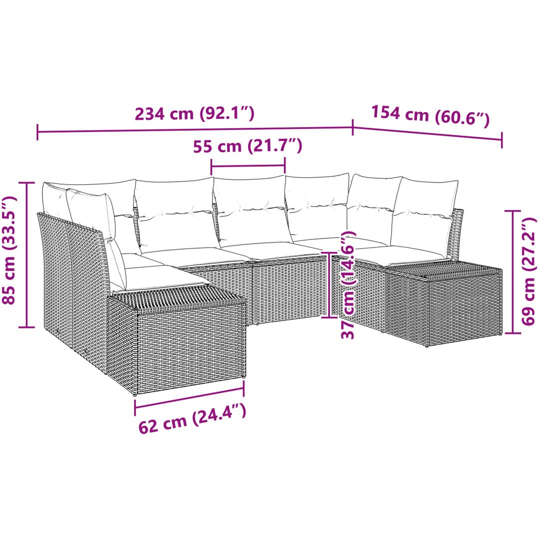 6 Delars Trädgårdssoffan med Kuddar Grå Polyrotting vidaXL 234 x 154 x 85 cm – bild 12