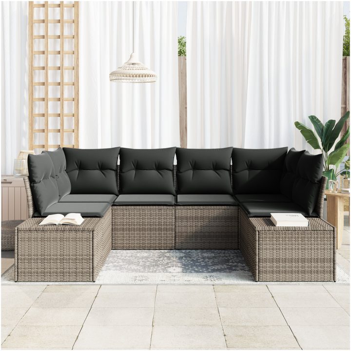 6 Delars Trädgårdssoffan med Kuddar Grå Polyrotting vidaXL 234 x 154 x 85 cm – bild 3