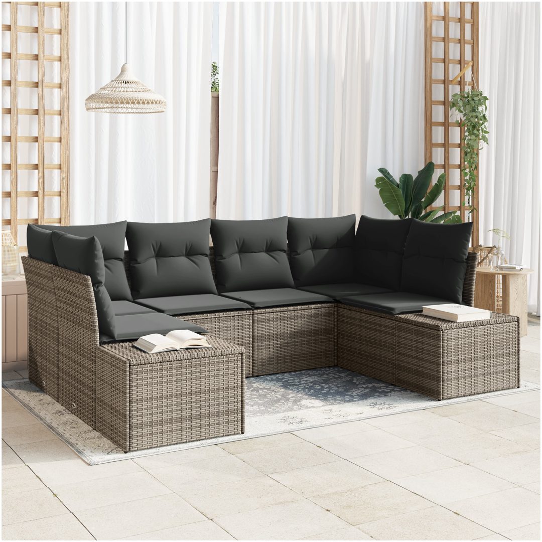 6 Delars Trädgårdssoffan med Kuddar Grå Polyrotting vidaXL 234 x 154 x 85 cm