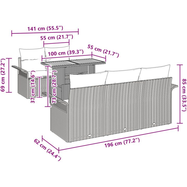 6 Delars Trädgårdssoffan med Kuddar - Svart Poly Rattan Akacia vidaXL 100 x 55 x 73 cm – bild 10
