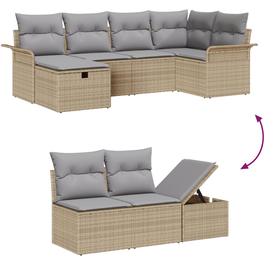 6-delars trädgårdssoffasett med kuddar beige poly rattan vidaXL 242.5 x 132.5 x 85 cm – bild 11