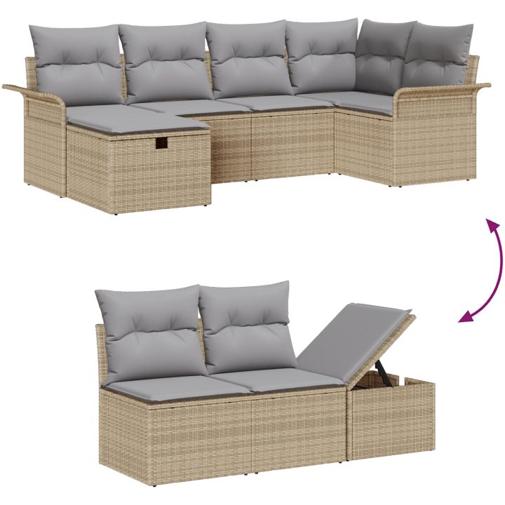 6-delars trädgårdssoffasett med kuddar beige poly rattan vidaXL 242.5 x 132.5 x 85 cm – bild 11