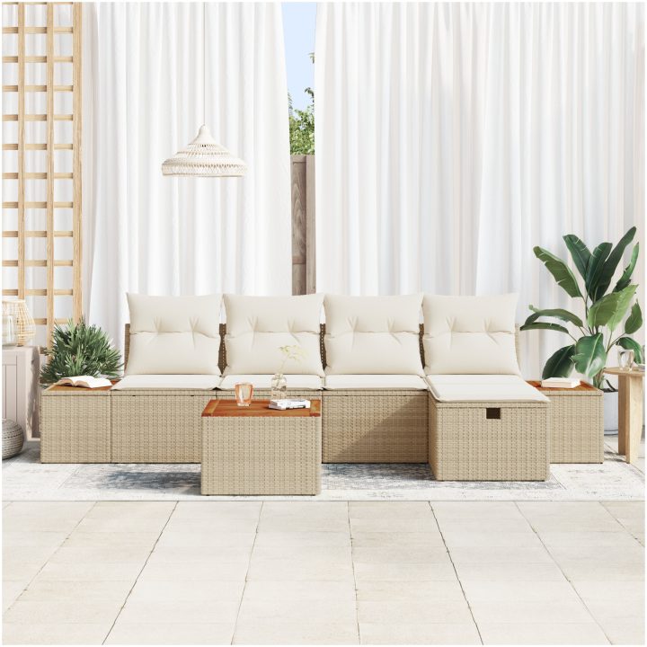 6-delars trädgårdssoffgrupp med beige kuddar i poly rattan vidaXL 55 x 55 x 37 cm – bild 3