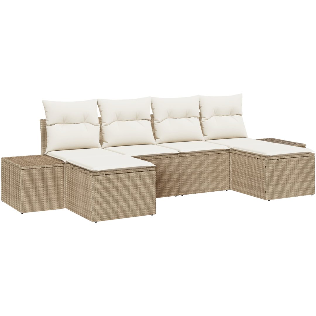 6-delars Trädgårdssoffgrupp med kuddar Beige Poly Rattan vidaXL 294 x 117 x 69 cm – bild 2