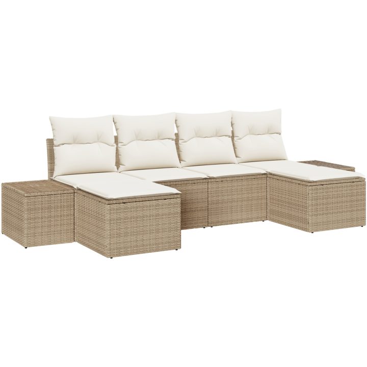 6-delars Trädgårdssoffgrupp med kuddar Beige Poly Rattan vidaXL 294 x 117 x 69 cm – bild 2