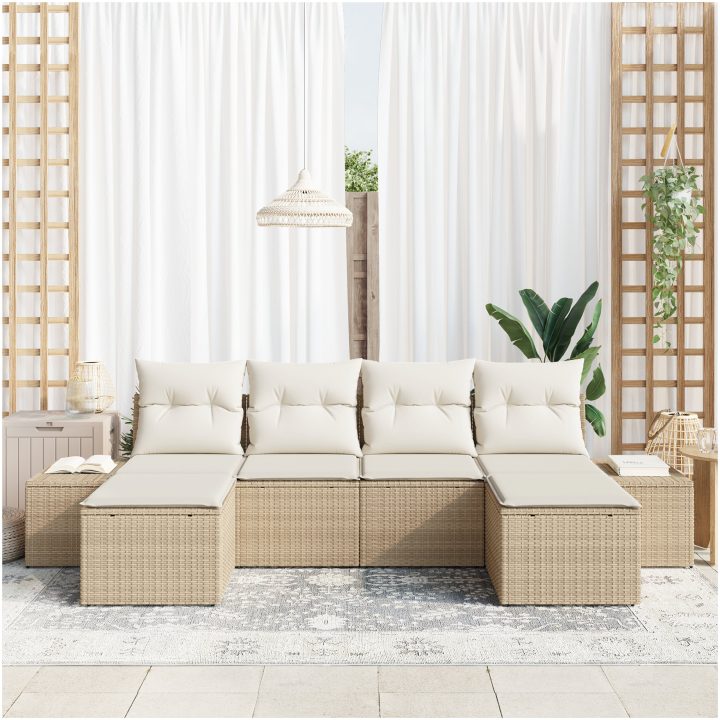 6-delars Trädgårdssoffgrupp med kuddar Beige Poly Rattan vidaXL 294 x 117 x 69 cm – bild 3