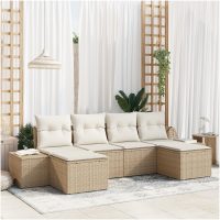 6-delars Trädgårdssoffgrupp med kuddar Beige Poly Rattan vidaXL