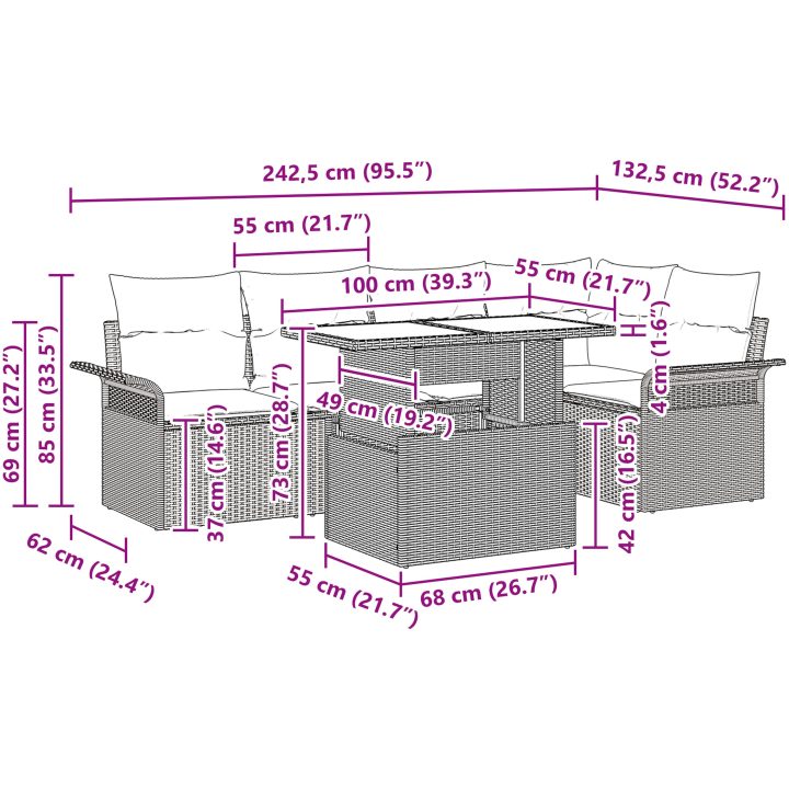 6-delars trädgårdssoffgrupp med kuddar, brun poly rattan vidaXL 100 x 55 x 73 cm – bild 11