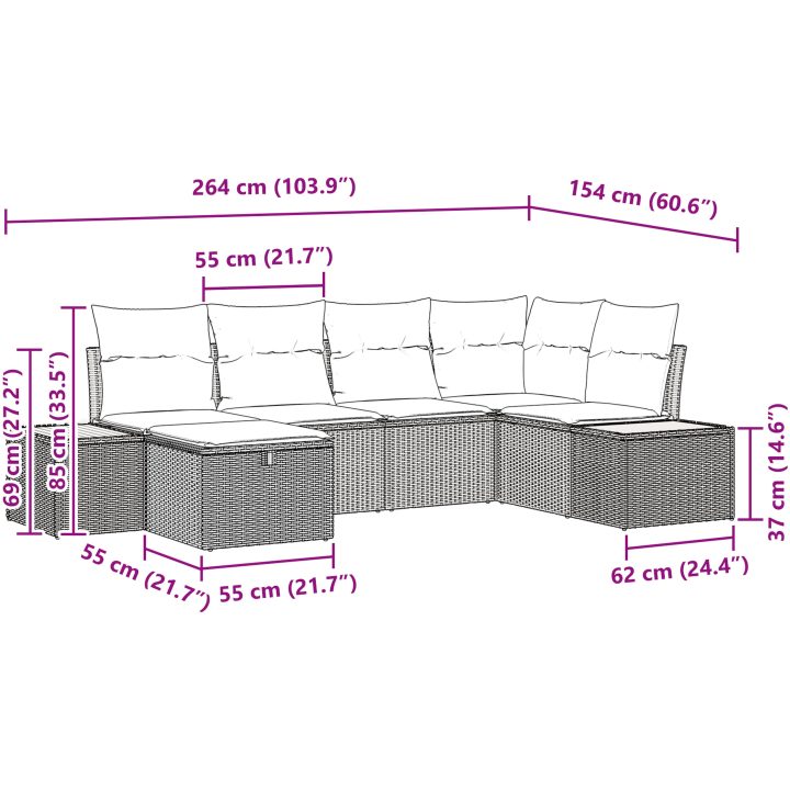 6 Delars Trädgårdssoffgrupp med kuddar i beige poly rattan vidaXL 264 x 154 x 85 cm – bild 11