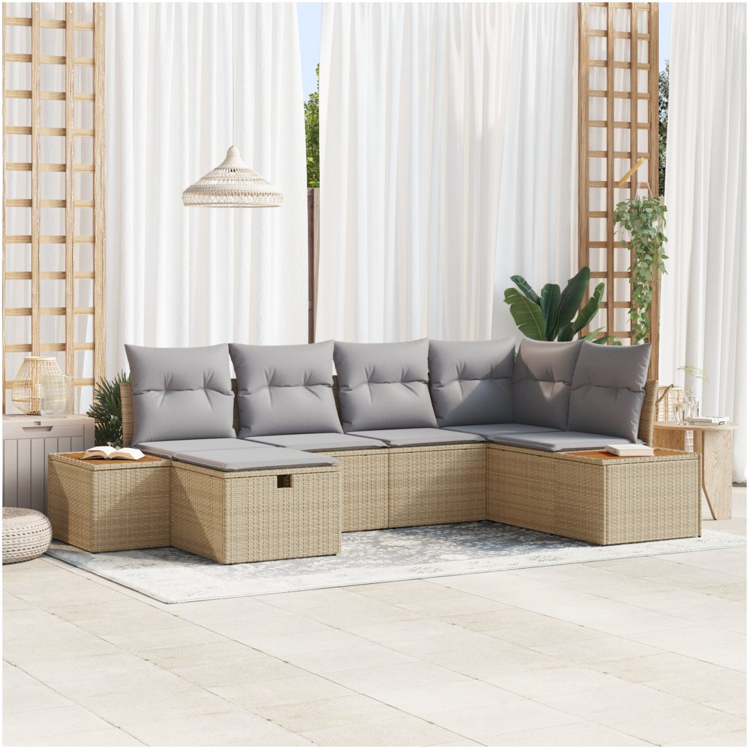 6 Delars Trädgårdssoffgrupp med kuddar i beige poly rattan vidaXL 264 x 154 x 85 cm