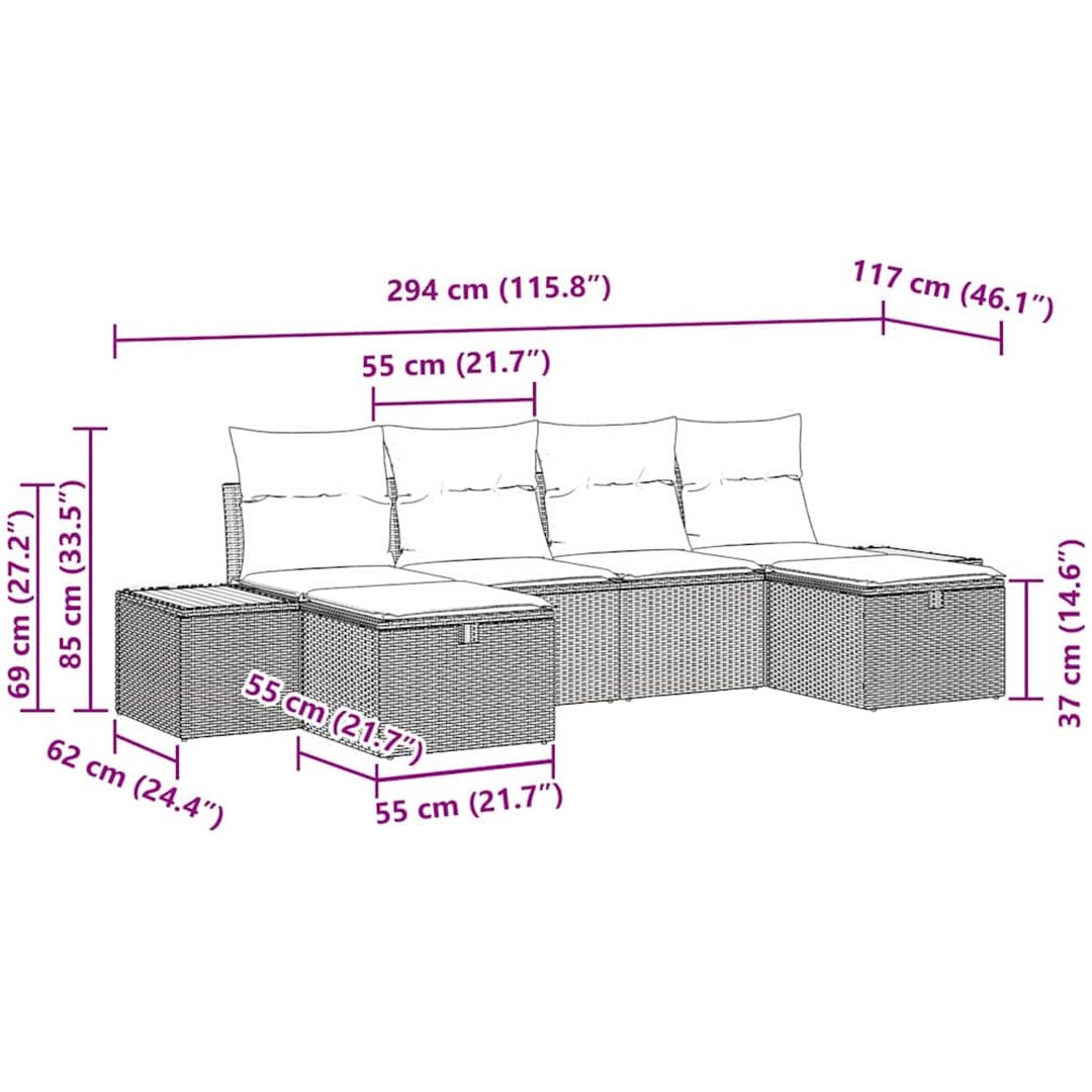 6-delars trädgårdssoffgrupp med kuddar i grått poly-rattan vidaXL 294 x 117 x 85 cm – bild 9