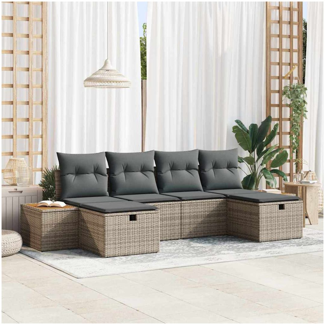 6-delars trädgårdssoffgrupp med kuddar i grått poly-rattan vidaXL 294 x 117 x 85 cm