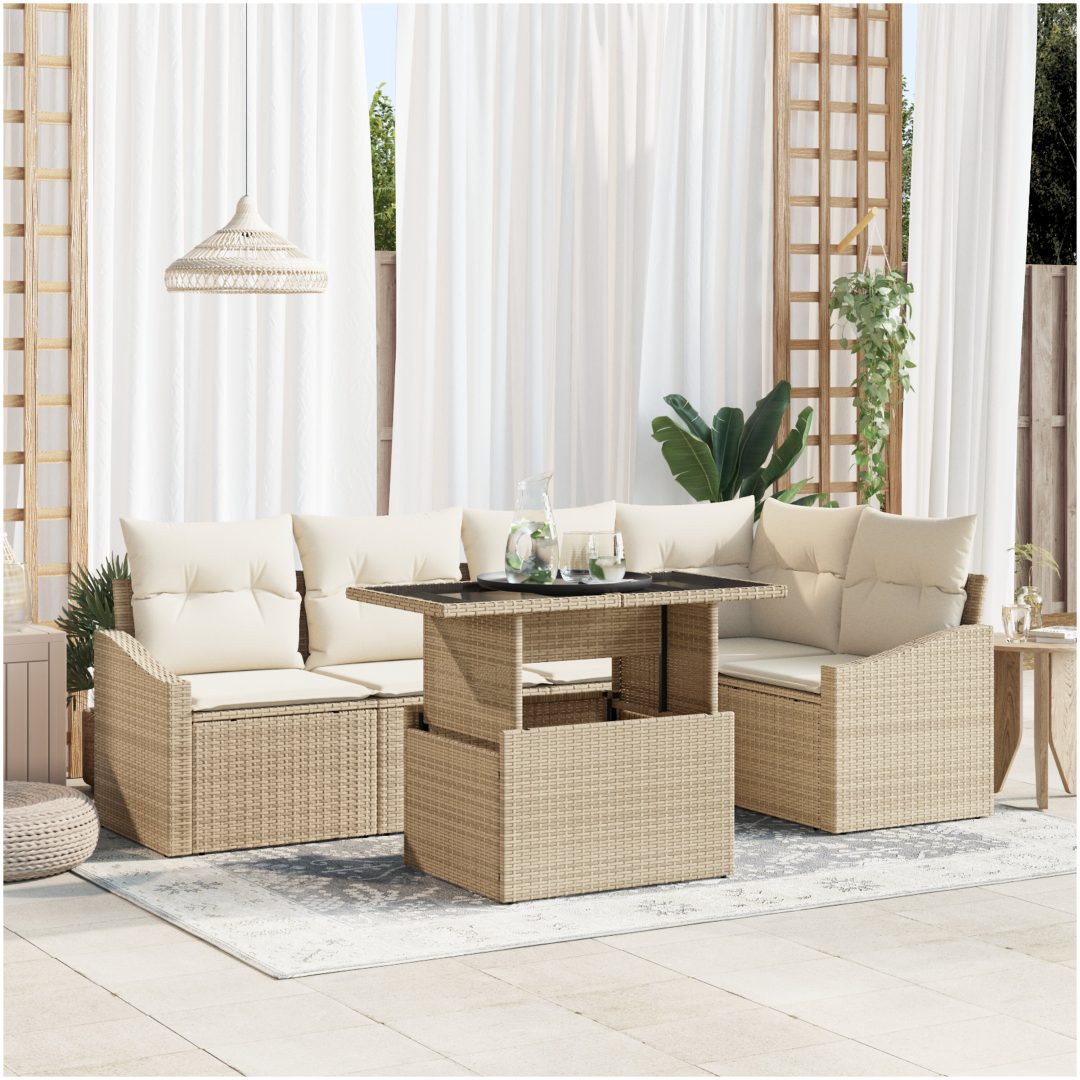 6 Delars Trädgårdssoffset med Kuddar Beige Poly Rattan vidaXL 100 x 55 x 73 cm