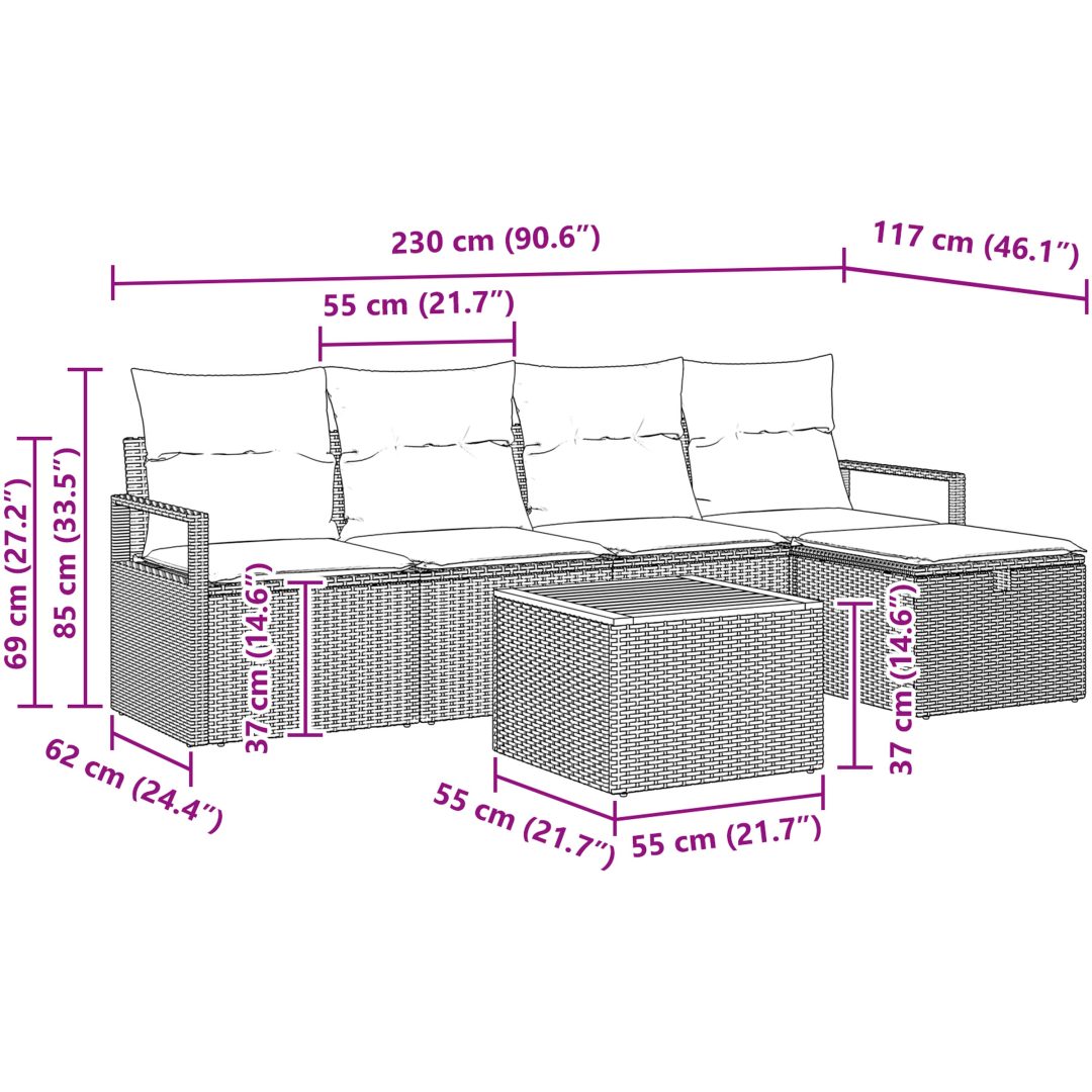6-delars Trädgårdssoffset med Kuddar Beige Poly Rattan vidaXL Stor – bild 10