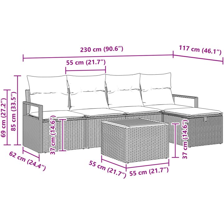 6-delars Trädgårdssoffset med Kuddar Beige Poly Rattan vidaXL Stor – bild 10