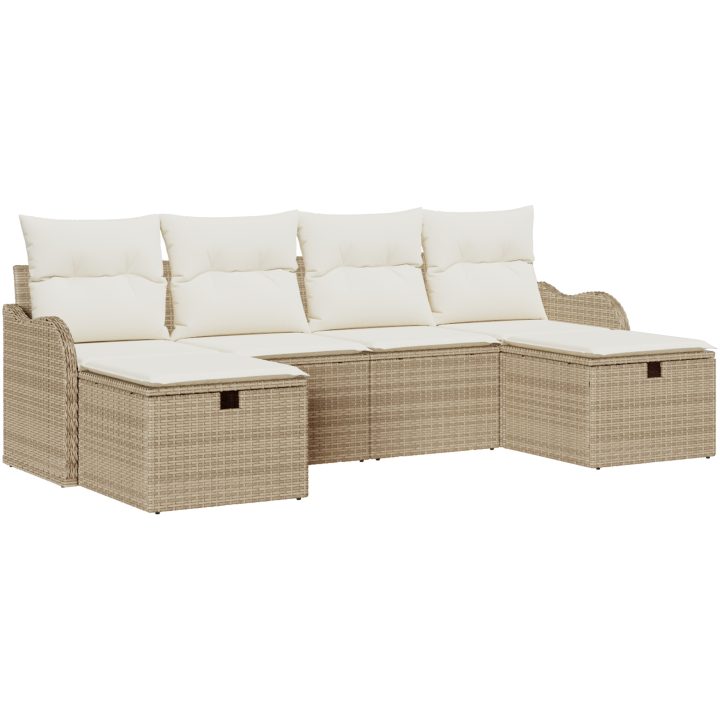 6-delars trädgårdssoffset med kuddar beige poly rotting vidaXL Medium – bild 2