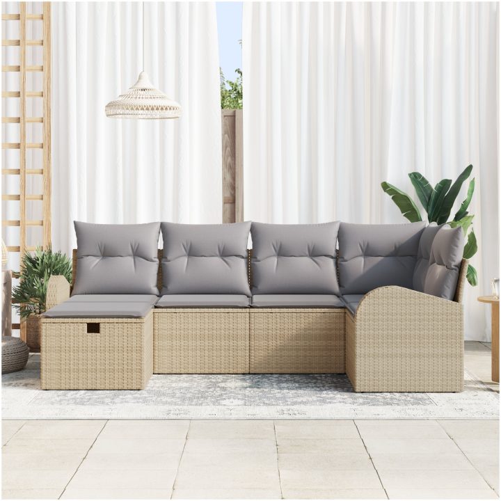 6-delars Trädgårdssoffset med Kuddar Beige Polyrotting vidaXL 234 x 124 x 85 cm – bild 3