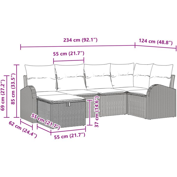 6-delars Trädgårdssoffset med Kuddar Beige Polyrotting vidaXL 234 x 124 x 85 cm – bild 10