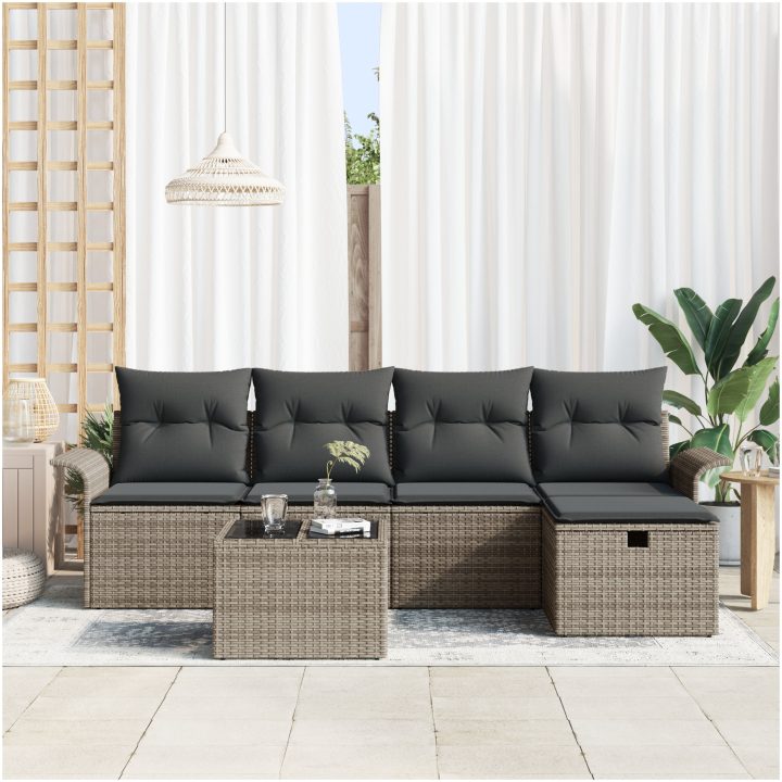 6-delars Trädgårdssoffset med Kuddar Grå Poly Rattan vidaXL 251 x 117 x 85 cm – bild 3