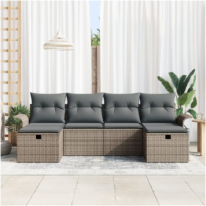 6 Delars Trädgårdssoffset med Kuddar Grå Poly Rattan vidaXL 251 x 117 x 85 cm – bild 3