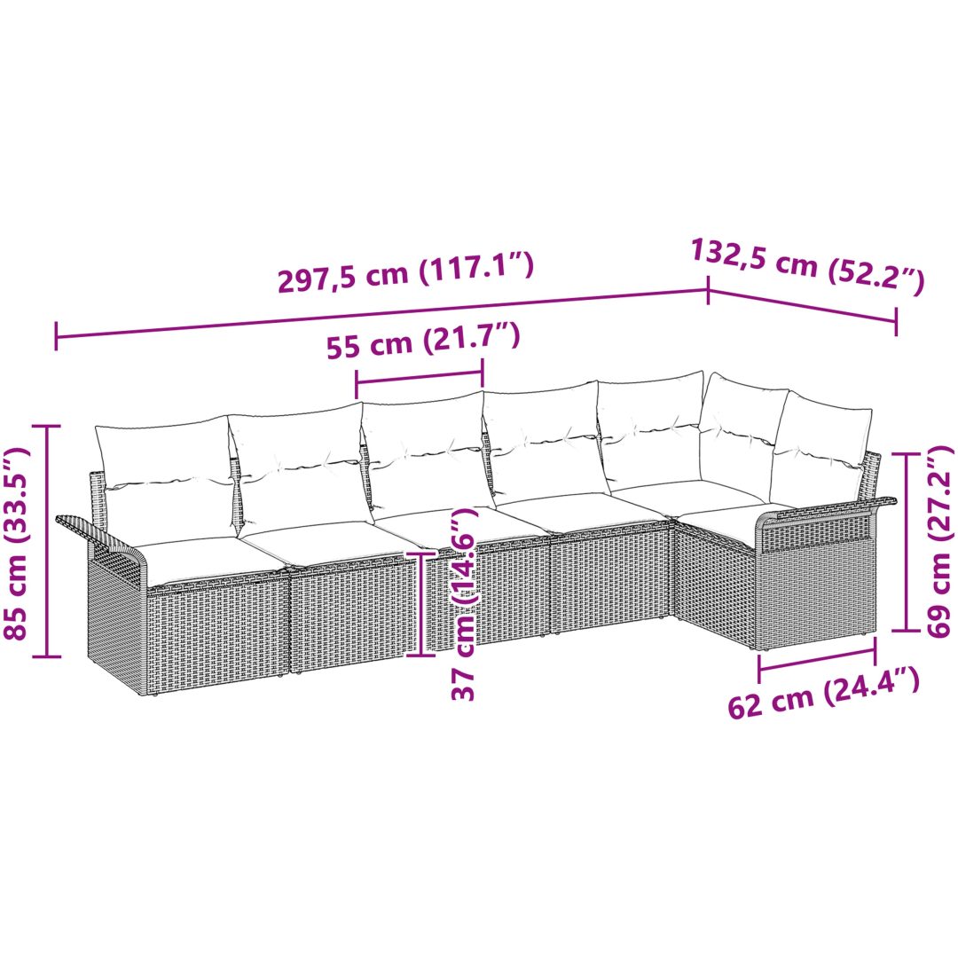 6-delars trädgårdssoffset med kuddar - Grå polyrotting vidaXL 297,5 x 132,5 x 85 cm – bild 11